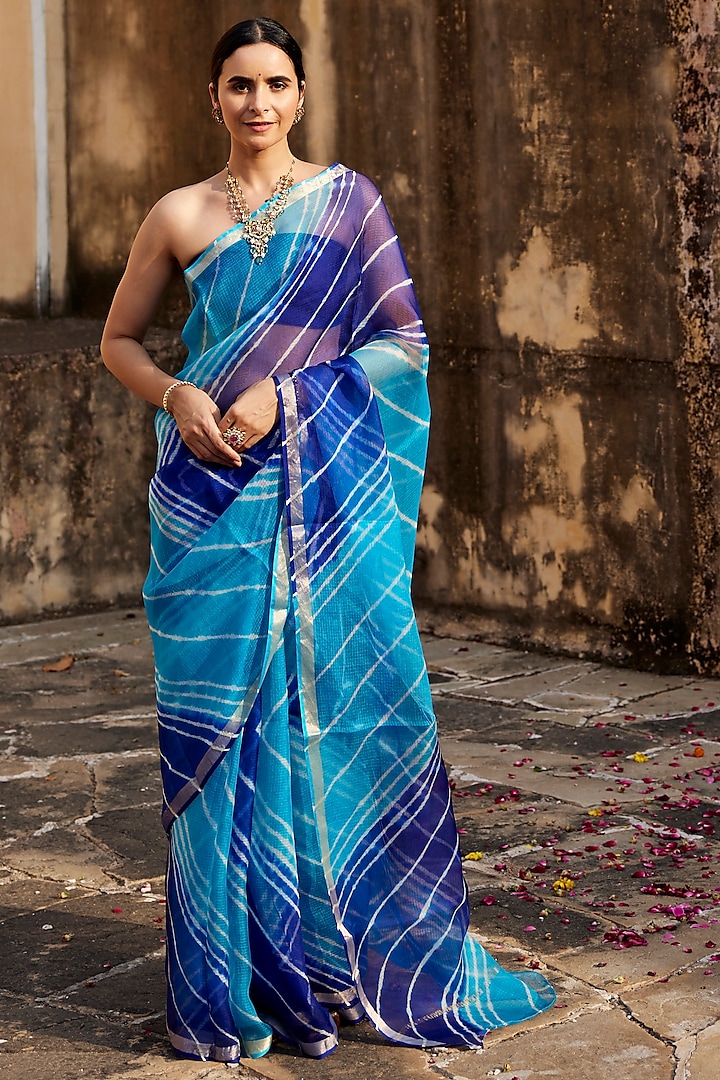 Turquoise Blue Kota Silk Hand-Dyed Leheriya Saree Set by Geroo Jaipur