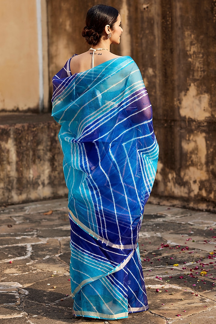 Turquoise Blue Kota Silk Hand-Dyed Leheriya Festive Saree Set by Geroo Jaipur at Pernia's Pop Up Shop