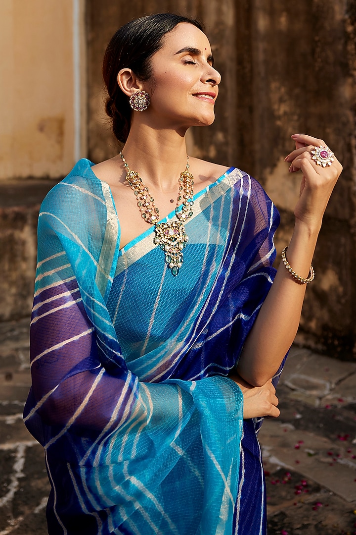 Turquoise Blue Kota Silk Hand-Dyed Leheriya Festive Saree Set by Geroo Jaipur at Pernia's Pop Up Shop
