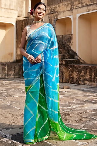 Turquoise Blue & Green Kota Silk Hand-Dyed Leheriya Saree Set by Geroo Jaipur
