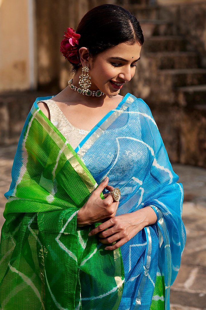 Turquoise Blue & Green Kota Silk Hand-Dyed Leheriya Festive Saree Set by Geroo Jaipur at Pernia's Pop Up Shop