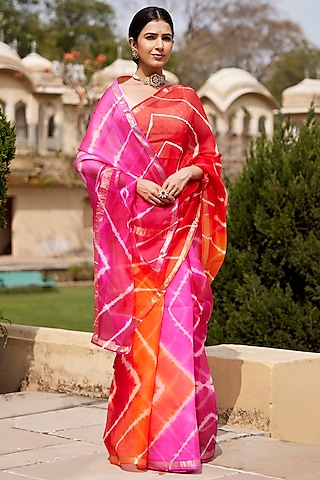 Multi-Colored Kota Silk Hand-Dyed Leheriya Saree Set by Geroo Jaipur
