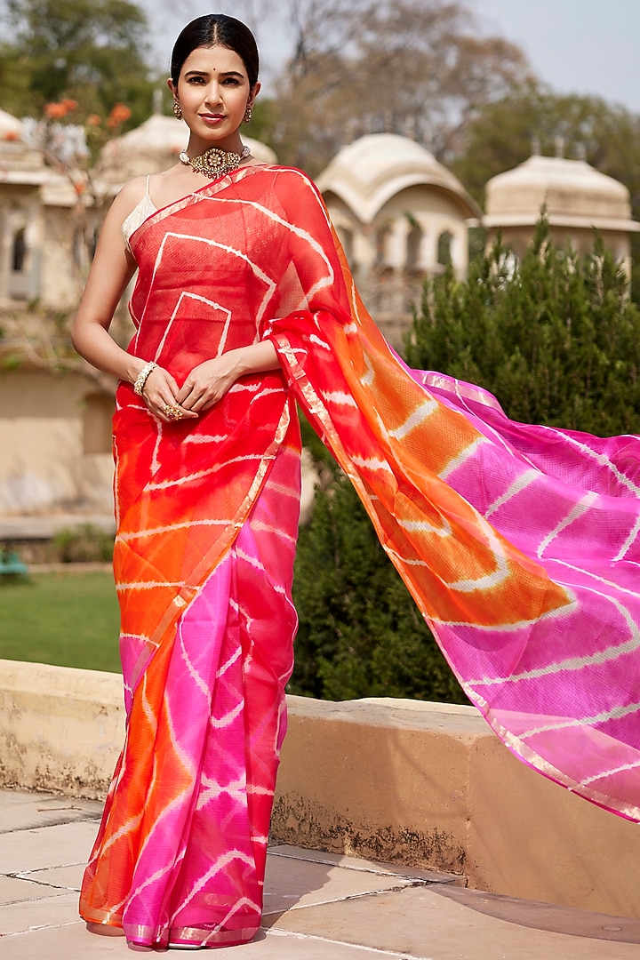 Multi-Colored Kota Silk Hand-Dyed Leheriya Festive Saree Set by Geroo Jaipur at Pernia's Pop Up Shop