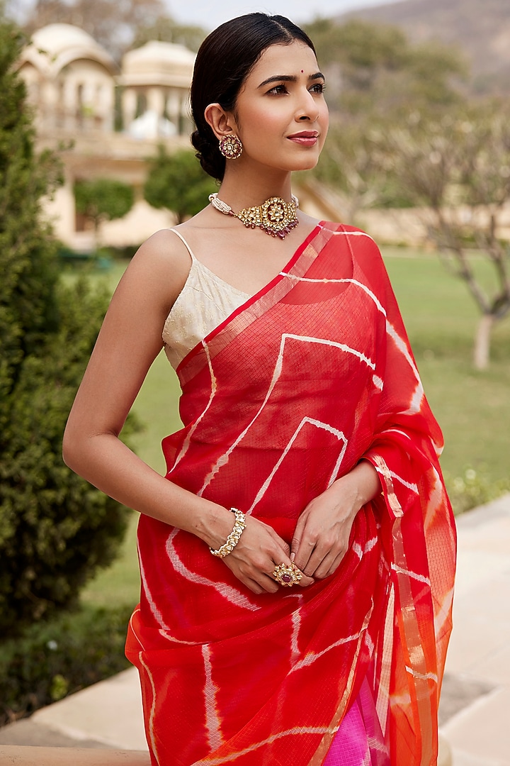 Multi-Colored Kota Silk Hand-Dyed Leheriya Festive Saree Set by Geroo Jaipur at Pernia's Pop Up Shop
