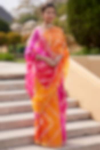 Multi-Colored Kota Silk Hand-Dyed Leheriya Saree Set by Geroo Jaipur