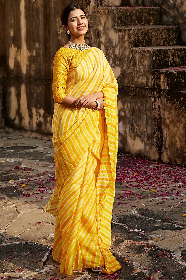 Yellow Tussar Silk Hand-Dyed Leheriya Saree Set by Geroo Jaipur