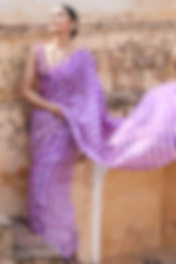 Purple Tussar Silk Hand-Dyed Leheriya Saree Set by Geroo Jaipur