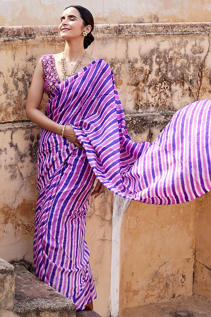 Purple Tussar Silk Hand-Dyed Leheriya Saree Set by Geroo Jaipur