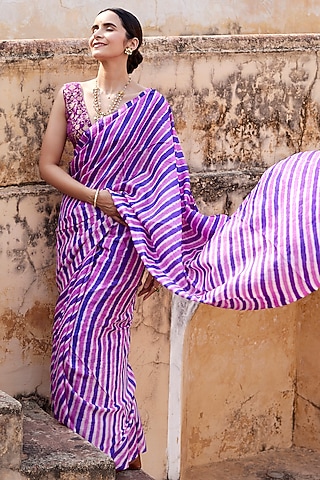 Purple Tussar Silk Hand-Dyed Leheriya Saree Set by Geroo Jaipur