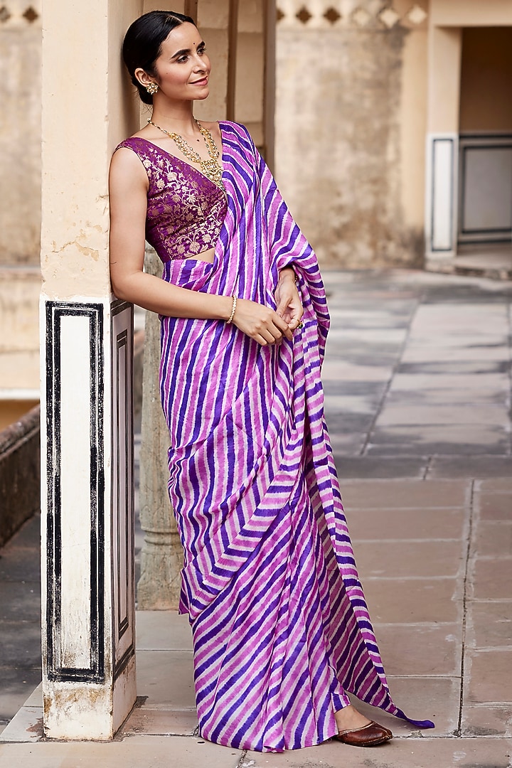 Purple Tussar Silk Hand-Dyed Leheriya Wedding Saree Set by Geroo Jaipur at Pernia's Pop Up Shop