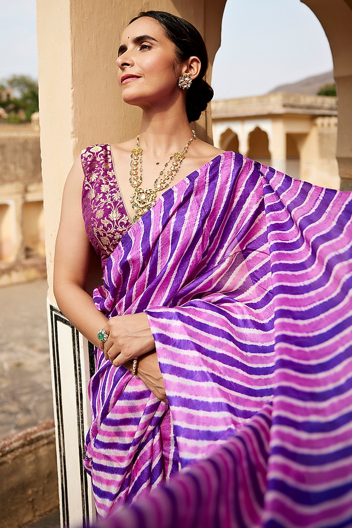 Purple Tussar Silk Hand-Dyed Leheriya Wedding Saree Set by Geroo Jaipur at Pernia's Pop Up Shop