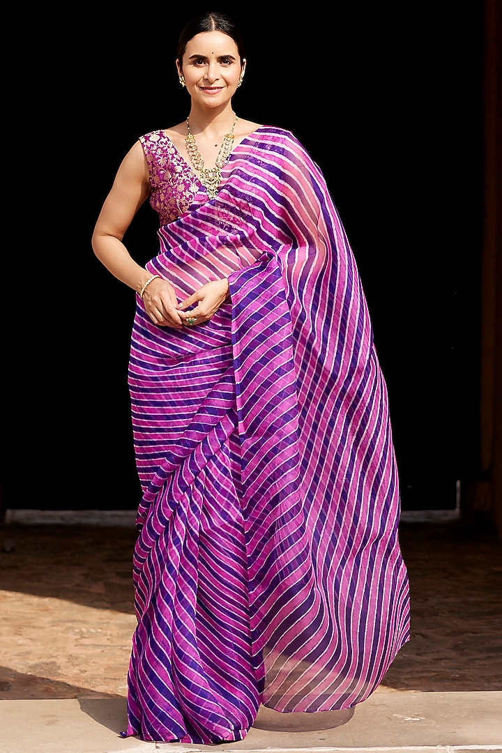 Purple Organza Handcrafted Tie-Dye Leheriya Party Wear Saree Set by Geroo Jaipur at Pernia's Pop Up Shop