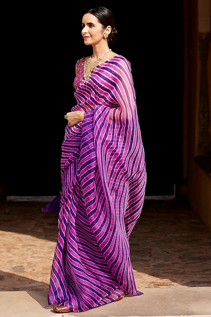 Purple Organza Handcrafted Tie-Dye Leheriya Party Wear Saree Set by Geroo Jaipur at Pernia's Pop Up Shop
