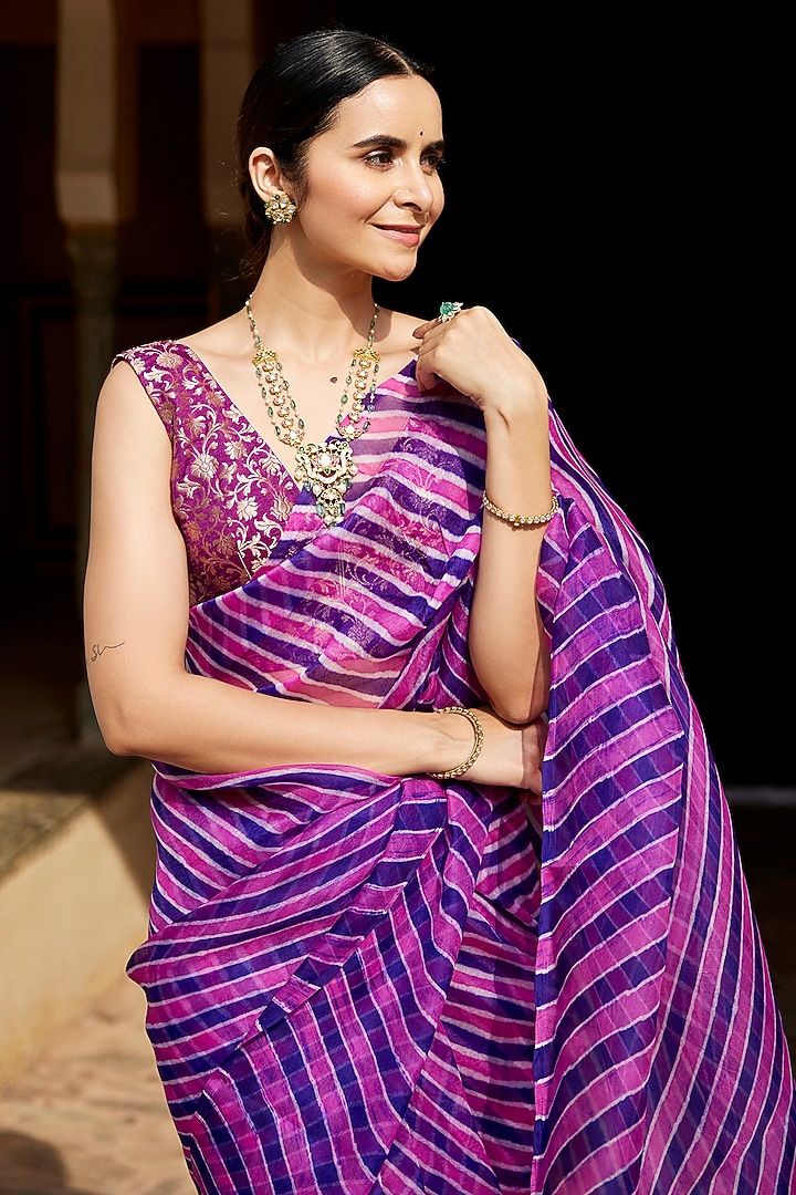 Purple Organza Handcrafted Tie-Dye Leheriya Party Wear Saree Set by Geroo Jaipur at Pernia's Pop Up Shop