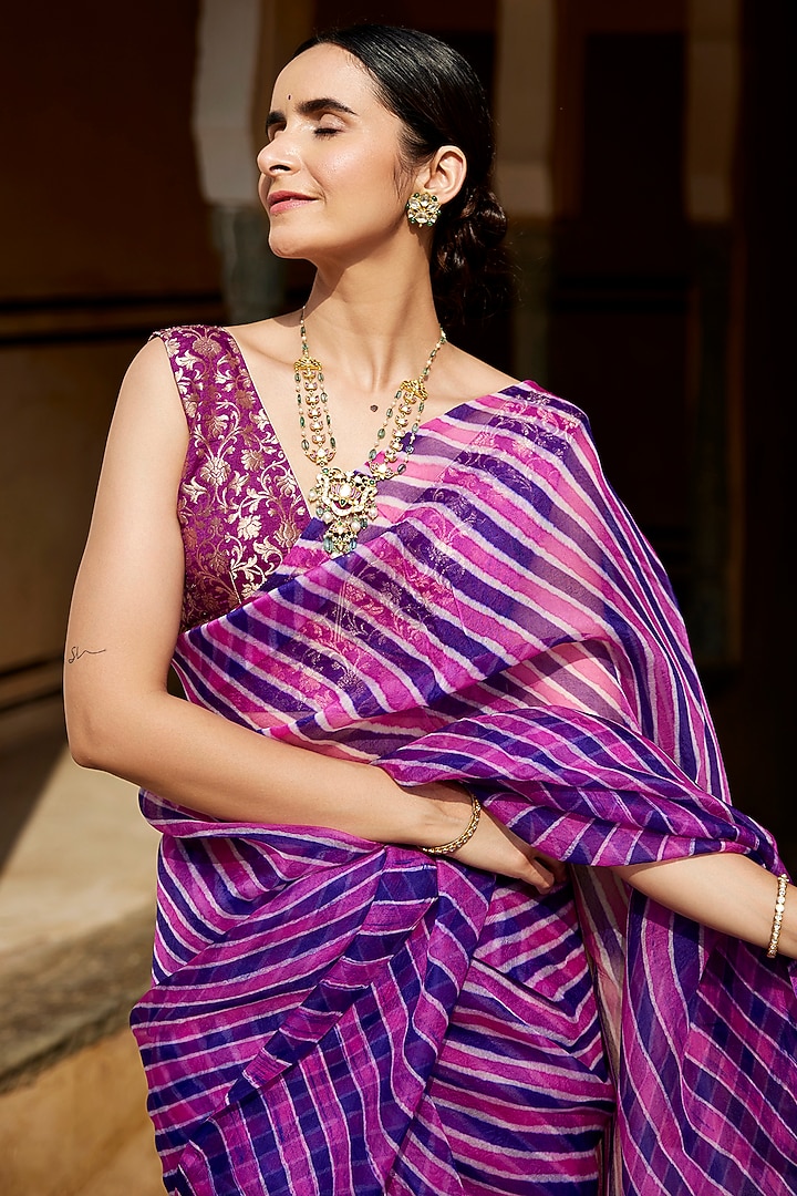 Purple Organza Handcrafted Tie-Dye Leheriya Party Wear Saree Set by Geroo Jaipur at Pernia's Pop Up Shop