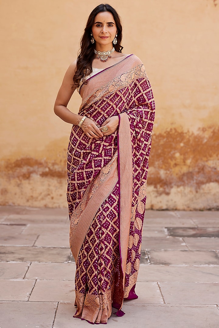 Wine Banarasi Georgette Handwoven Zari & Hand-Dyed Bandhani Saree Set by Geroo Jaipur