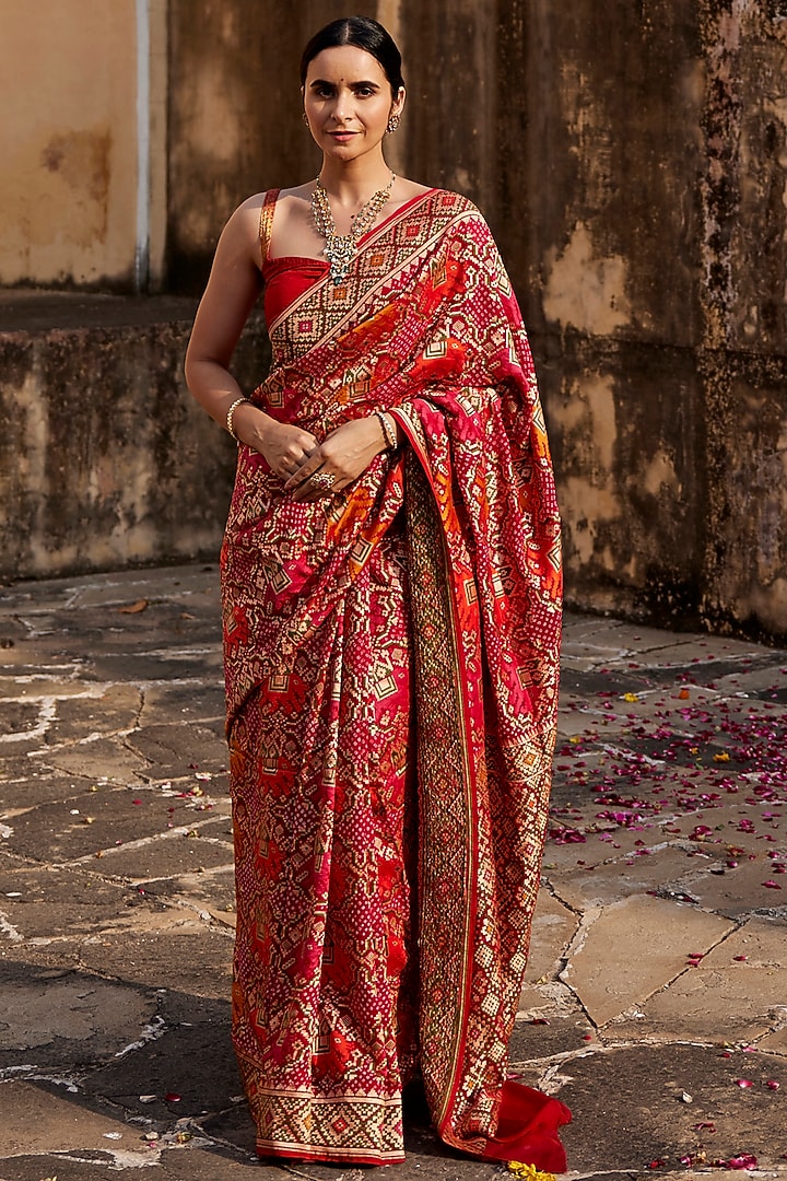 Red Jaipur Bandhani Prints Geogette Saree With Embroidery Border main image 1