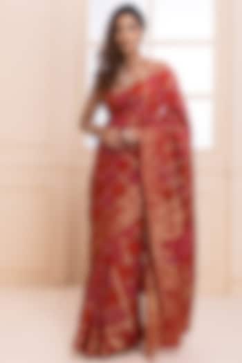 Red Silk Handcrafted Bandhani Festive Saree Set by Geroo Jaipur at Pernia's Pop Up Shop