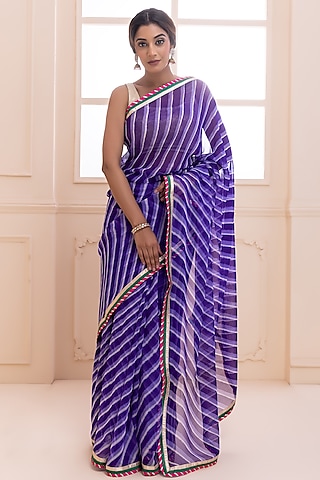 Purple Pure Georgette Handcrafted Leheriya Saree Set by Geroo Jaipur