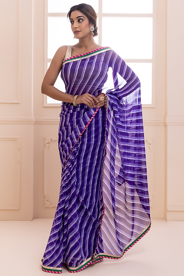 Purple Pure Georgette Handcrafted Leheriya Festive Saree Set by Geroo Jaipur at Pernia's Pop Up Shop