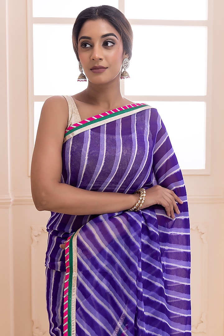 Purple Pure Georgette Handcrafted Leheriya Festive Saree Set by Geroo Jaipur at Pernia's Pop Up Shop