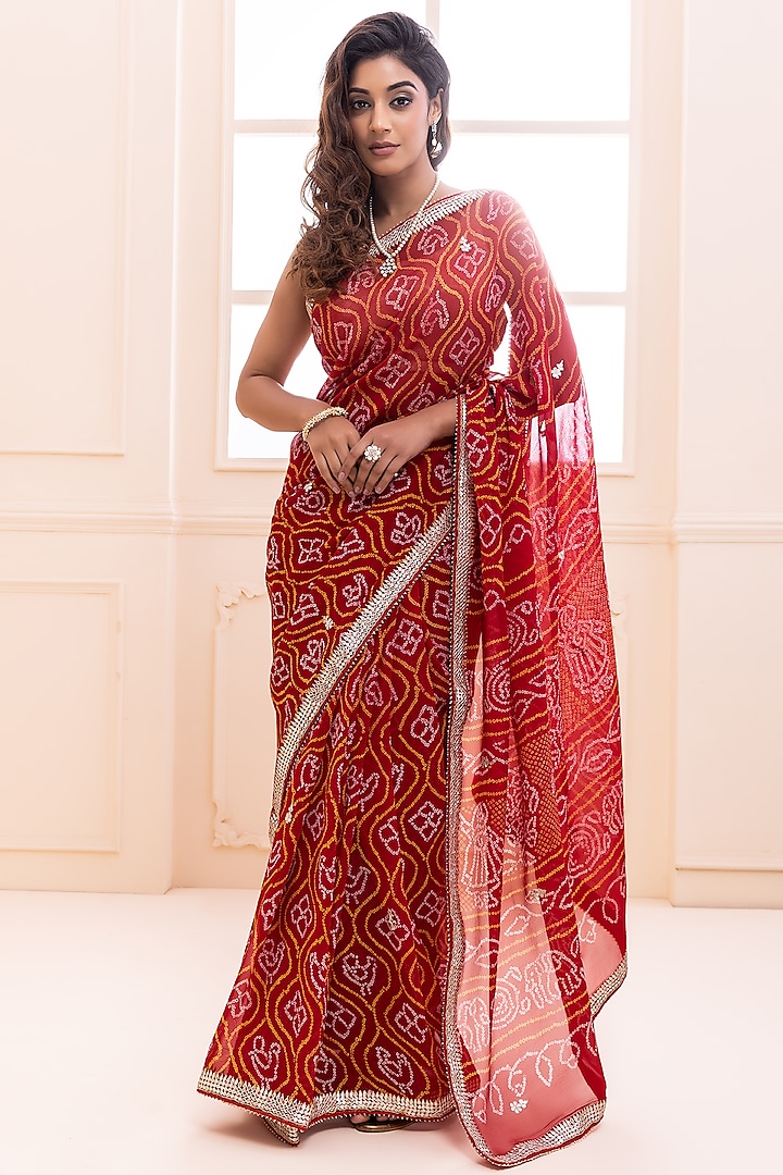 Red Pure Chiffon Gota Patti Handcrafted Bandhani Wedding Saree Set by Geroo Jaipur at Pernia's Pop Up Shop