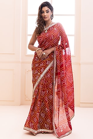 Red Pure Chiffon Gota Patti Handcrafted Bandhani Saree Set by Geroo Jaipur