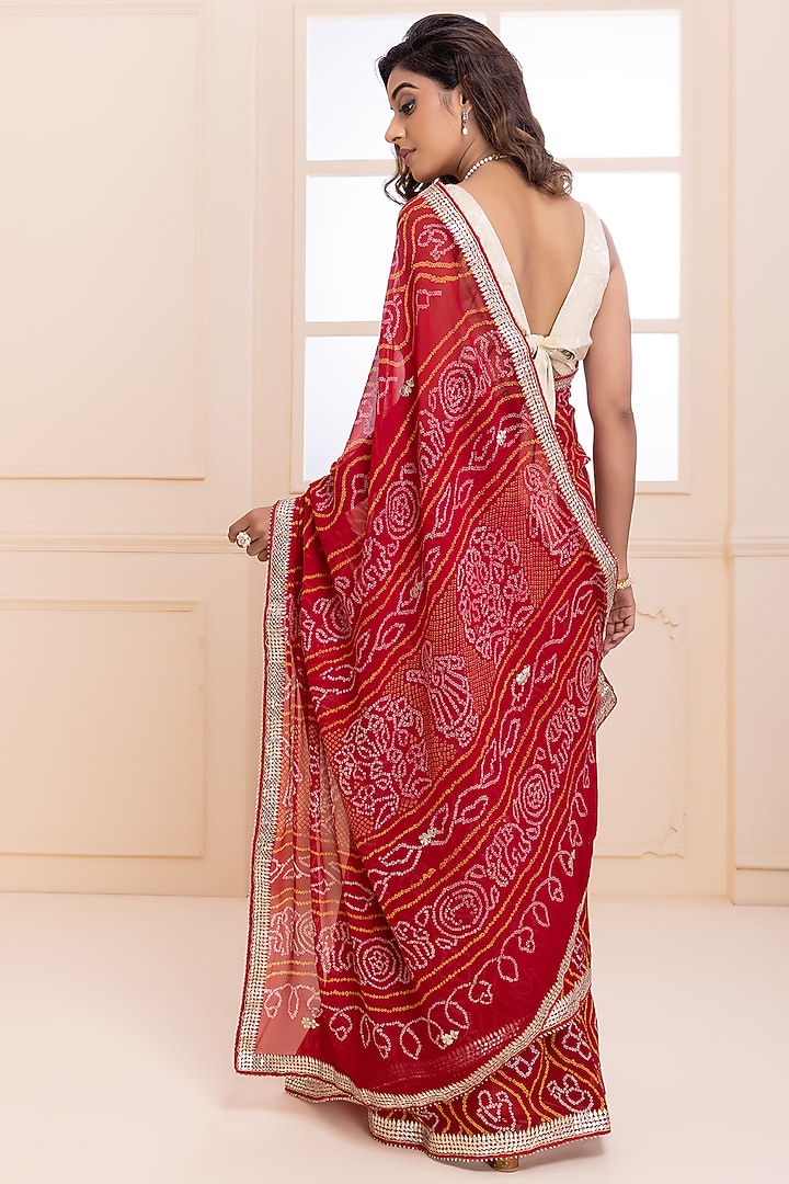 Red Pure Chiffon Gota Patti Handcrafted Bandhani Wedding Saree Set by Geroo Jaipur at Pernia's Pop Up Shop