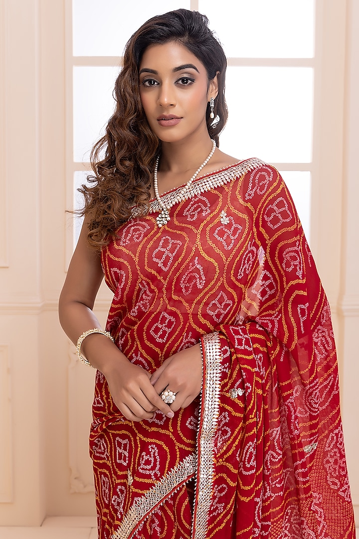 Red Pure Chiffon Gota Patti Handcrafted Bandhani Wedding Saree Set by Geroo Jaipur at Pernia's Pop Up Shop
