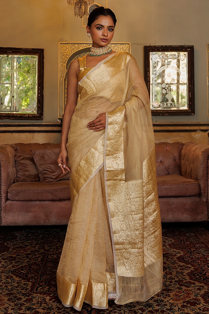 Light Golden Banarasi Tissue Saree Set by Geroo Jaipur
