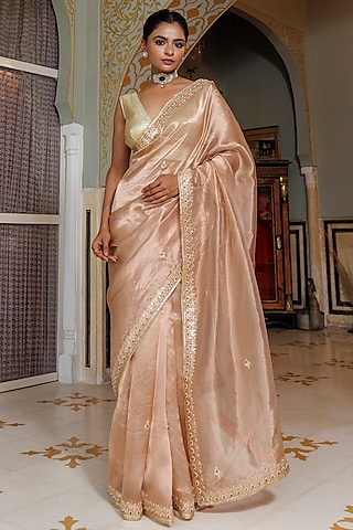 Pastel Pink Banarasi Tissue Gota Patti Embroidered Saree Set by Geroo Jaipur