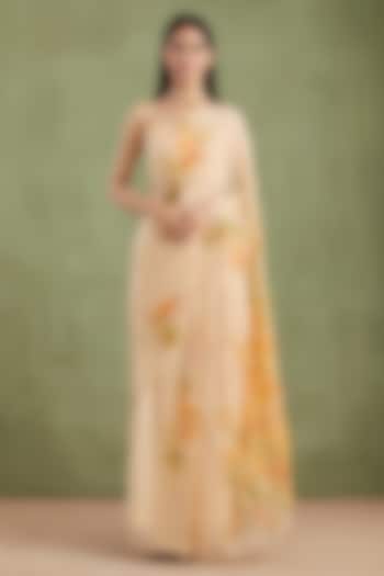 Beige Chiffon Handpainted Pre-Draped Party Wear Saree Set by Geroo Jaipur at Pernia's Pop Up Shop