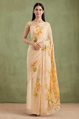 Beige Chiffon Handpainted Pre-Draped Saree Set by Geroo Jaipur