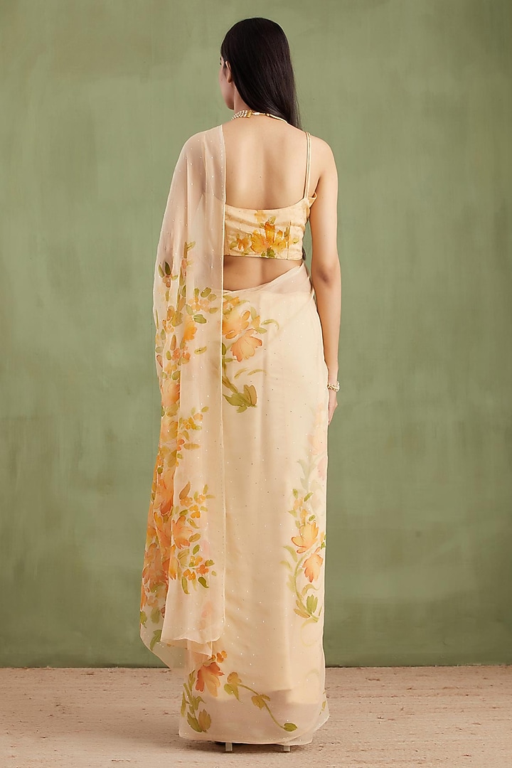 Beige Chiffon Handpainted Pre-Draped Party Wear Saree Set by Geroo Jaipur at Pernia's Pop Up Shop