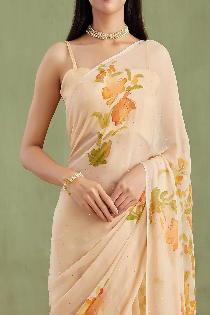 Beige Chiffon Handpainted Pre-Draped Party Wear Saree Set by Geroo Jaipur at Pernia's Pop Up Shop