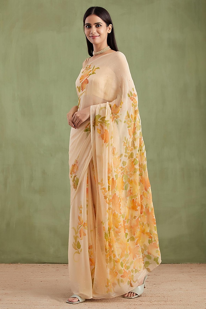Beige Chiffon Handpainted Pre-Draped Party Wear Saree Set by Geroo Jaipur at Pernia's Pop Up Shop
