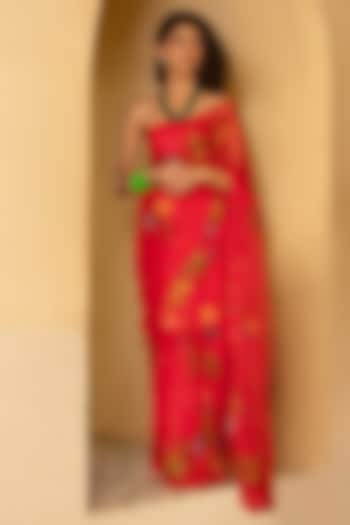Red Chiffon Floral Hand Painted Pre-Draped Party Wear Saree Set by Geroo Jaipur at Pernia's Pop Up Shop