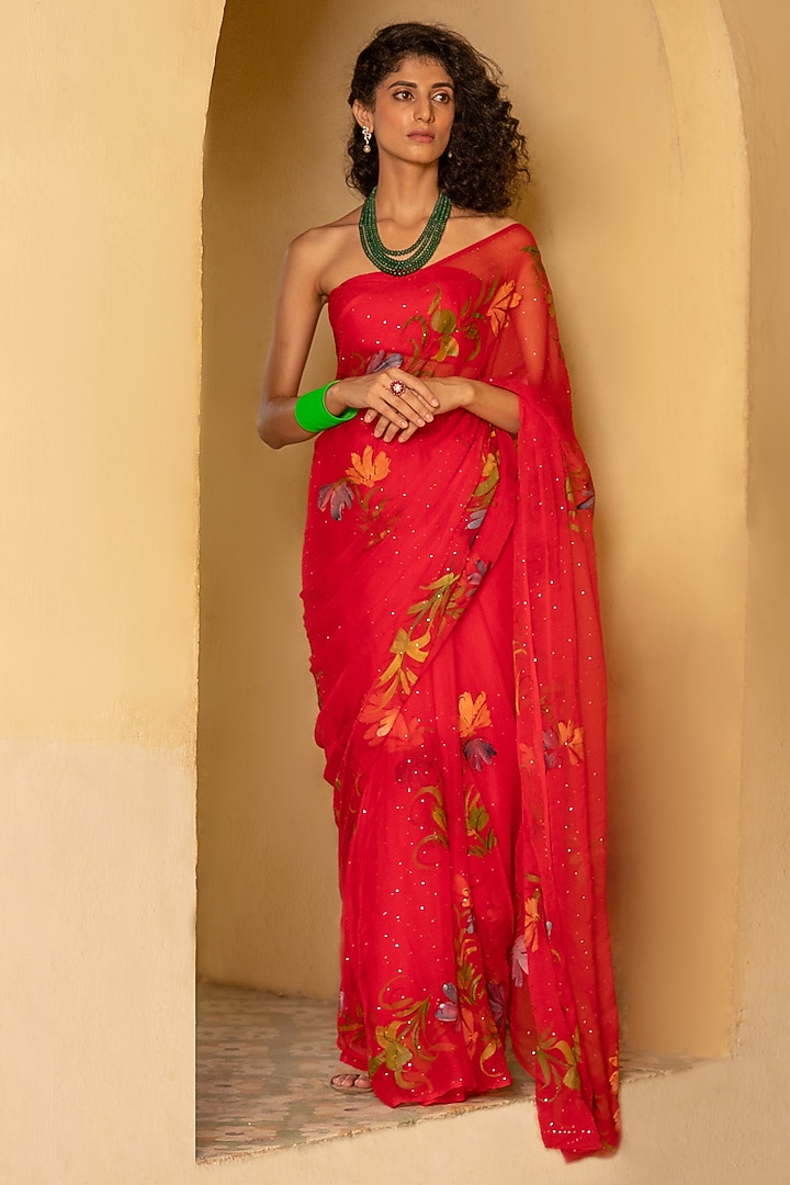 Red Chiffon Floral Hand Painted Pre-Draped Party Wear Saree Set by Geroo Jaipur at Pernia's Pop Up Shop
