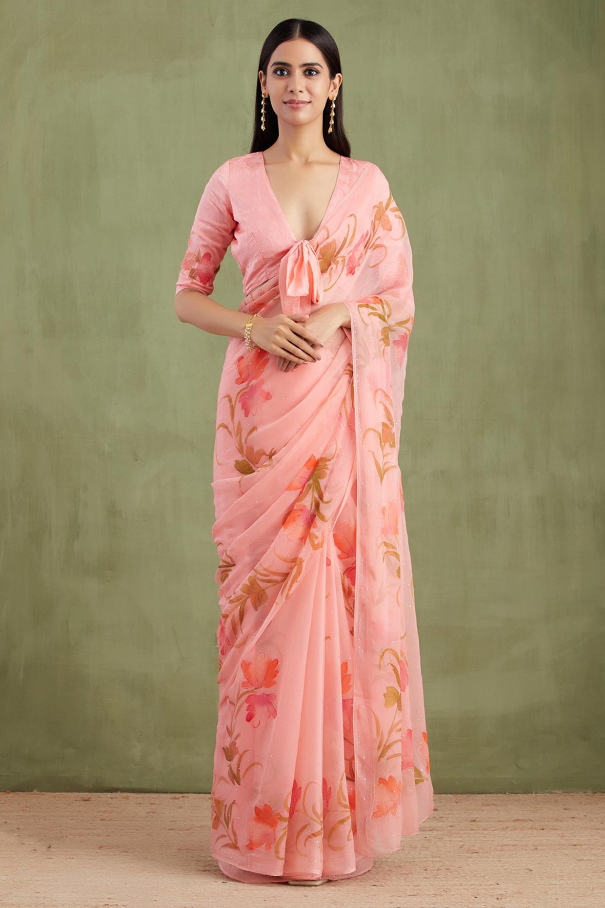 Geroo Jaipur Pink Chiffon Floral Hand Painted Pre-Draped Saree Set