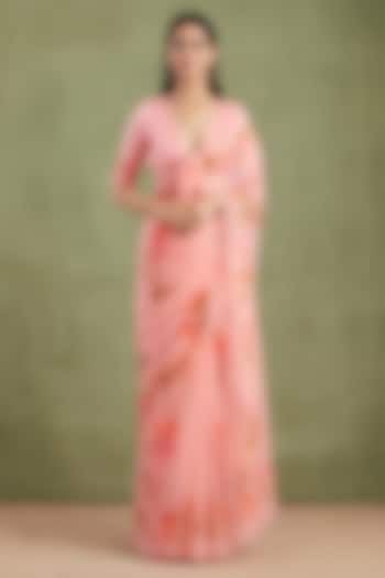 Pink Chiffon Floral Hand Painted Pre-Draped Party Wear Saree Set by Geroo Jaipur at Pernia's Pop Up Shop