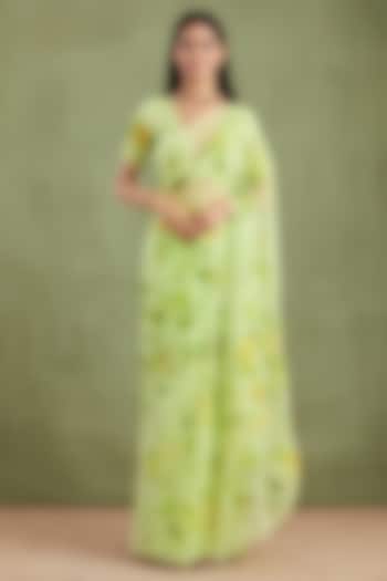 Green Chiffon Floral Hand Painted Pre-Draped Party Wear Saree Set by Geroo Jaipur at Pernia's Pop Up Shop
