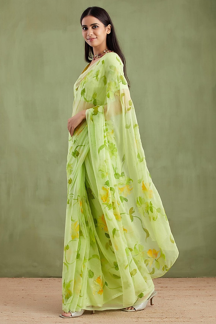 Green Chiffon Floral Hand Painted Pre-Draped Party Wear Saree Set by Geroo Jaipur at Pernia's Pop Up Shop