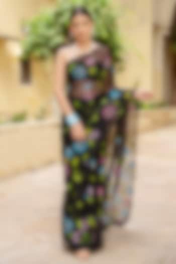 Black Chiffon Floral Hand Painted Pre-Draped Party Wear Saree Set by Geroo Jaipur at Pernia's Pop Up Shop