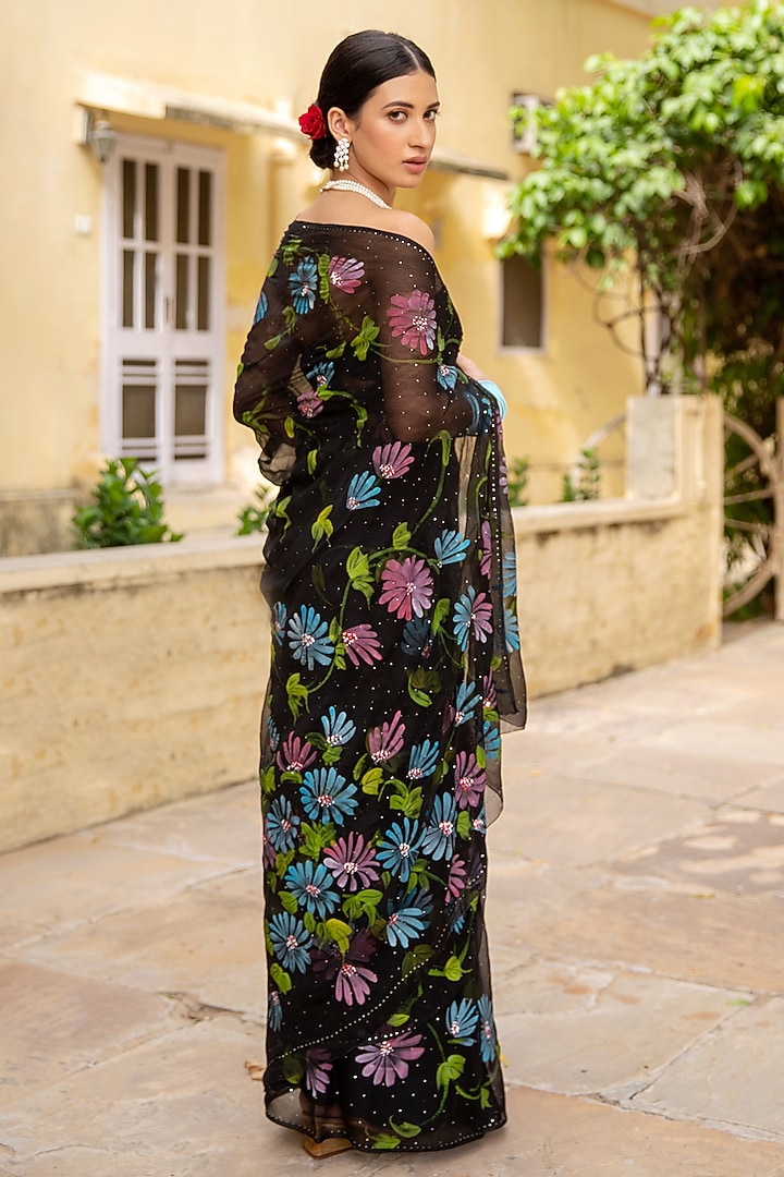 Black Chiffon Floral Hand Painted Pre-Draped Party Wear Saree Set by Geroo Jaipur at Pernia's Pop Up Shop