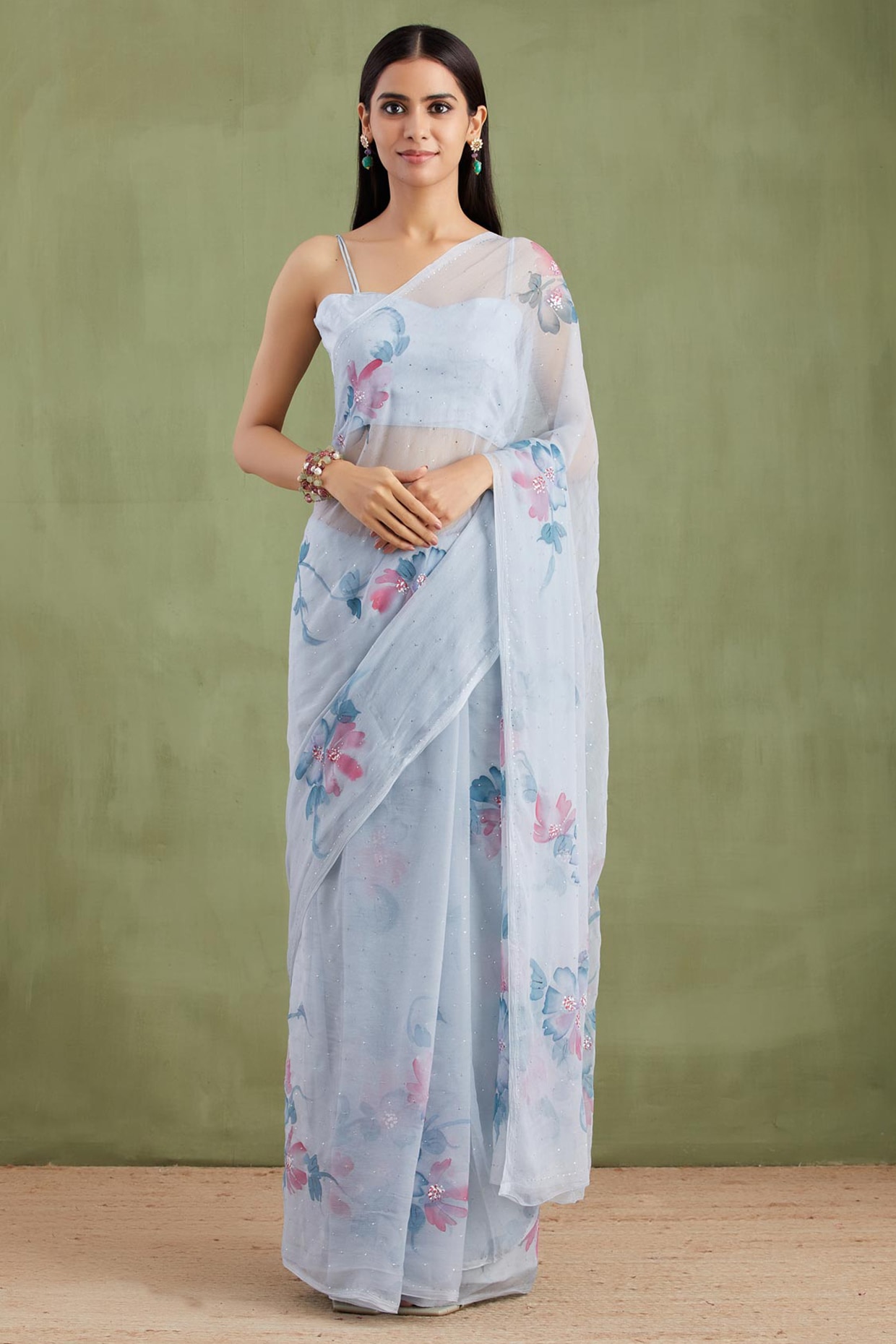 Geroo Jaipur Grey Chiffon Floral Hand Painted Pre-Draped Saree Set