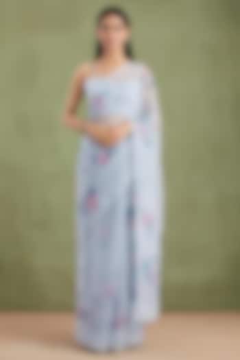 Grey Chiffon Floral Hand Painted Party Wear Saree Set by Geroo Jaipur at Pernia's Pop Up Shop