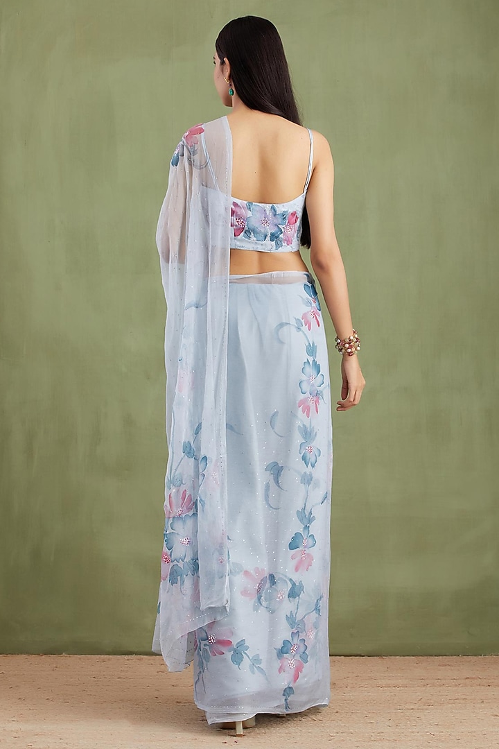 Grey Chiffon Floral Hand Painted Pre-Draped Party Wear Saree Set by Geroo Jaipur at Pernia's Pop Up Shop