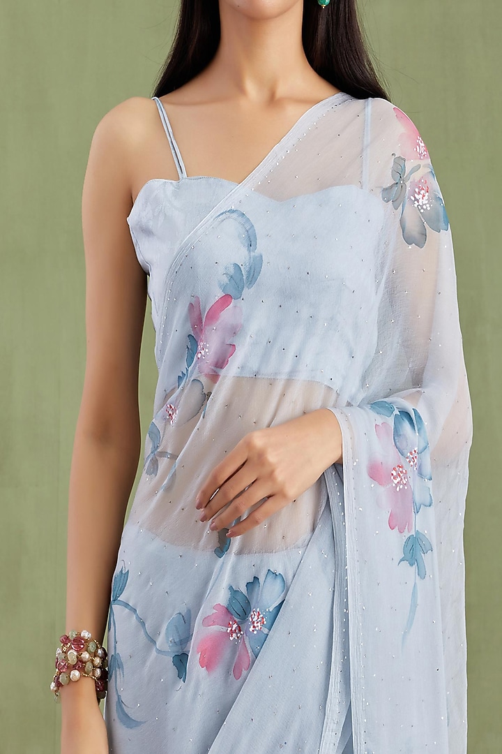 Grey Chiffon Floral Hand Painted Pre-Draped Party Wear Saree Set by Geroo Jaipur at Pernia's Pop Up Shop