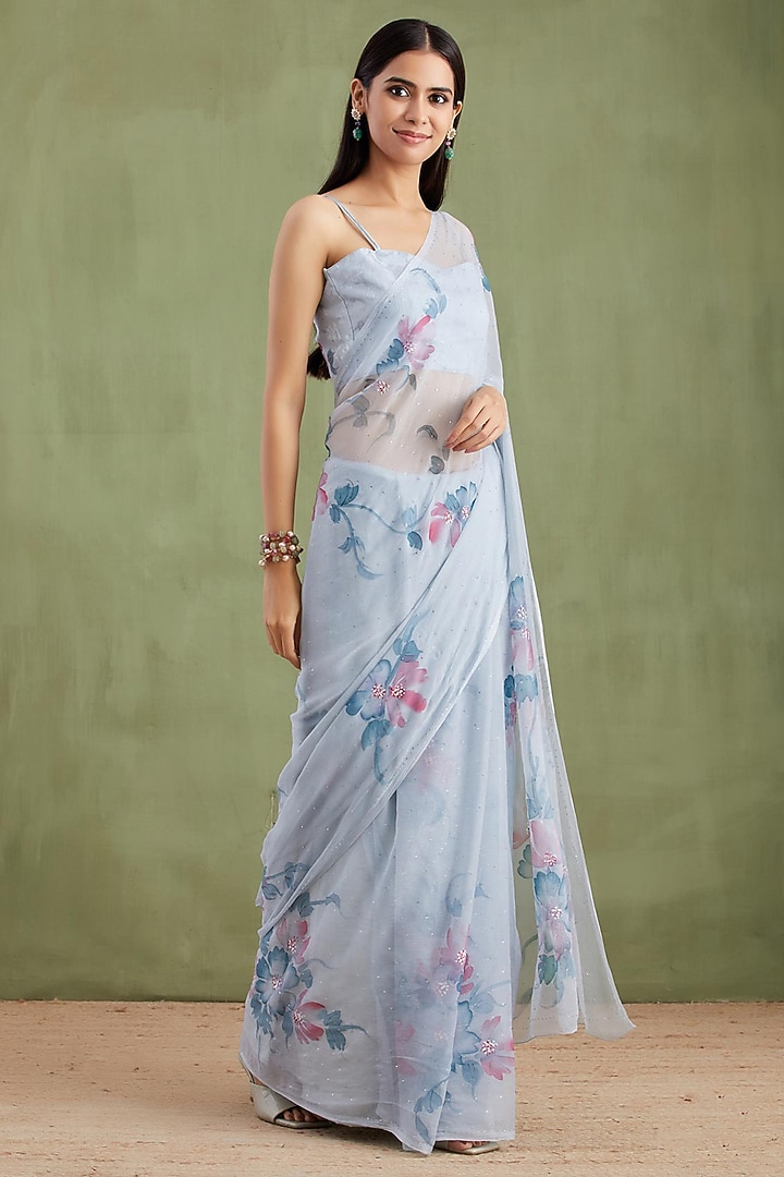 Grey Chiffon Floral Hand Painted Pre-Draped Party Wear Saree Set by Geroo Jaipur at Pernia's Pop Up Shop