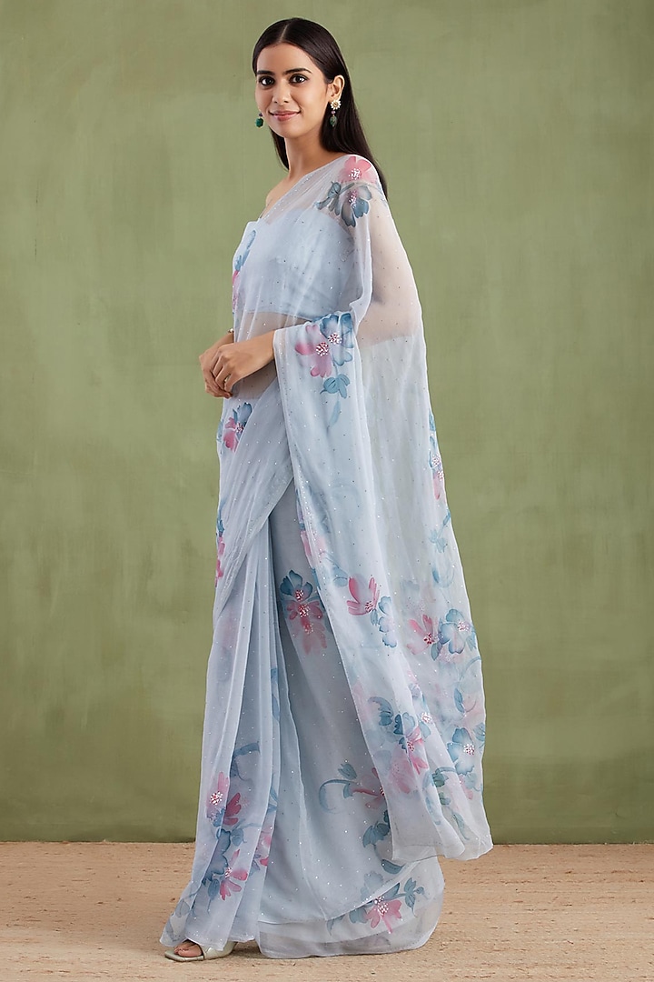 Grey Chiffon Floral Hand Painted Pre-Draped Party Wear Saree Set by Geroo Jaipur at Pernia's Pop Up Shop